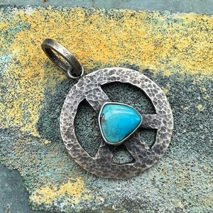 Hammered Silver Morenci Turquoise Peace Sign Pendant